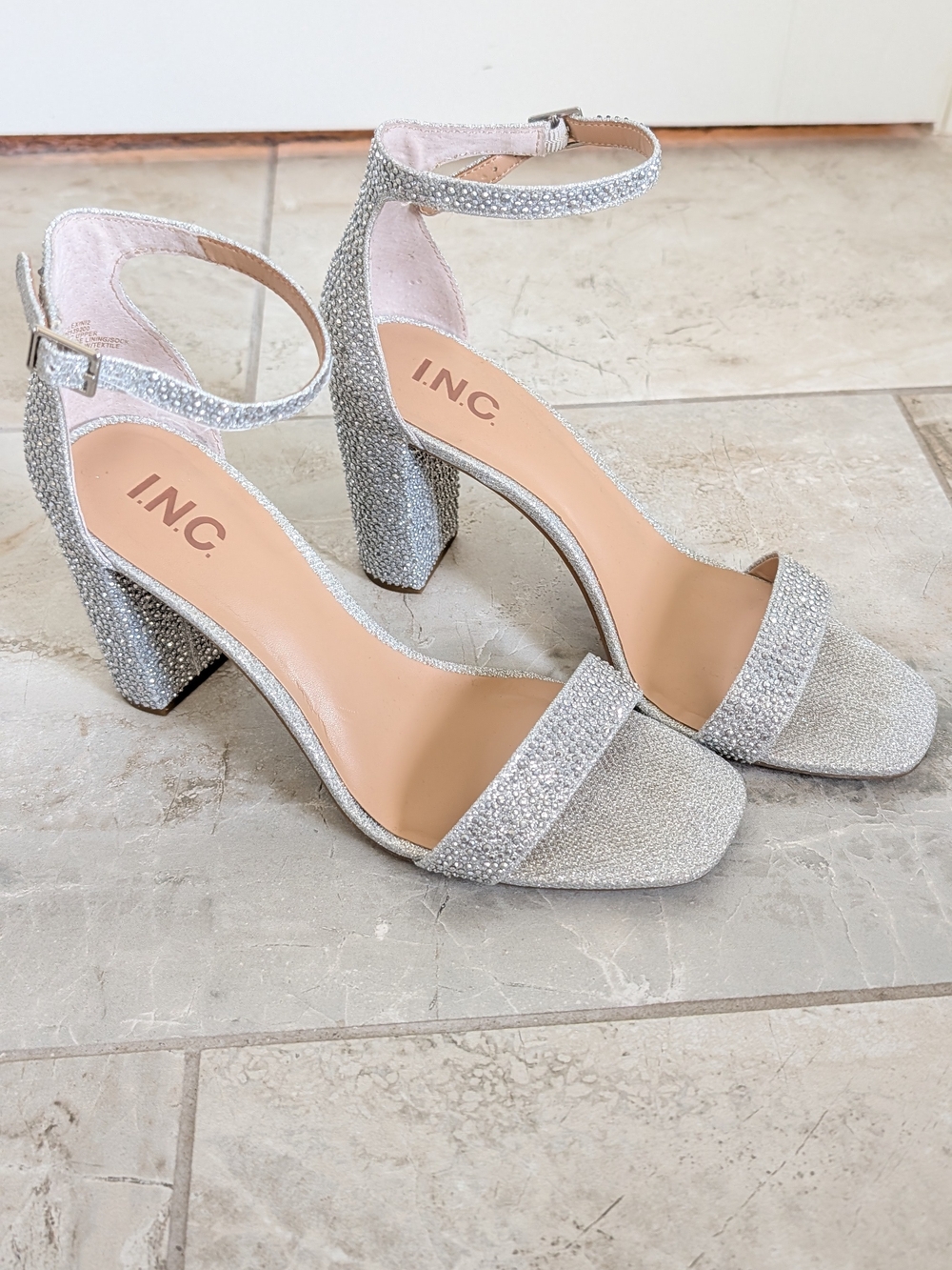INC Silver Sparkle Block Heel Sandals with Ankle Strap
